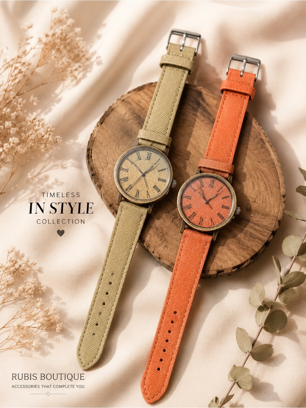 ✨ Set of 2 Women’s Vintage Style Watches – Beige & Coral